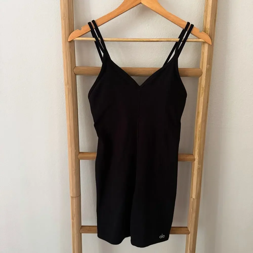 Alo Yoga Alosoft Suns Out Romper Black Size Medium M Biker Short Bodysuit